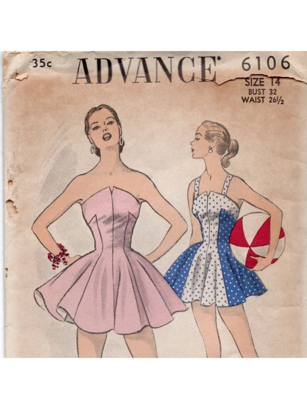 Rare 50s Advance 6106 Skirted Bathing Suit Dress Unprinted Pattern Sz 14 B32